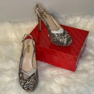 Guess snakeskin textured slingback platforms